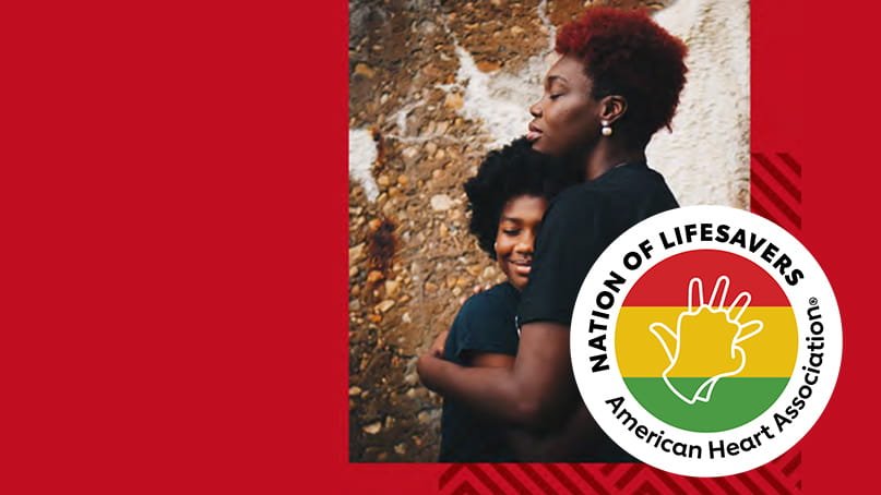 on a red background is a photo of a Black woman and child hugging with the AHA Nation of Lifesavers logo in the bottom right corner on a red background is a photo of a Black woman and child hugging with the AHA Nation of Lifesavers logo in the bottom right corner