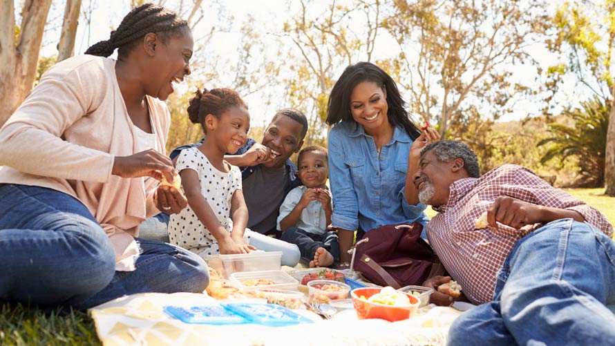 Multi Generation Family Enjoying Picnic In Park Together