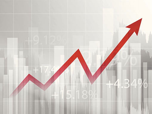 market chart showing a red upward trend arrow